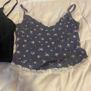 Hollister Blue Floral Lace Trim Top